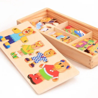 صورة Little Bear Change Clothes Children's Early Education Wooden Jigsaw Puzzle Dressing Game Baby Puzzle Toys for Children Gift