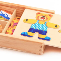 صورة Little Bear Change Clothes Children's Early Education Wooden Jigsaw Puzzle Dressing Game Baby Puzzle Toys for Children Gift