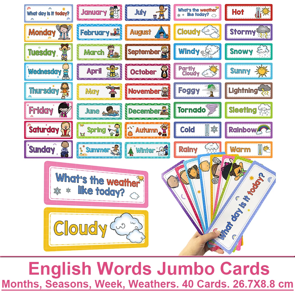 صورة 40 Pcs Week/Seasonl/Months/Weather English Words Learning Cards Classroom WhiteBoard Decoration Teacher Teaching Aids Montessori