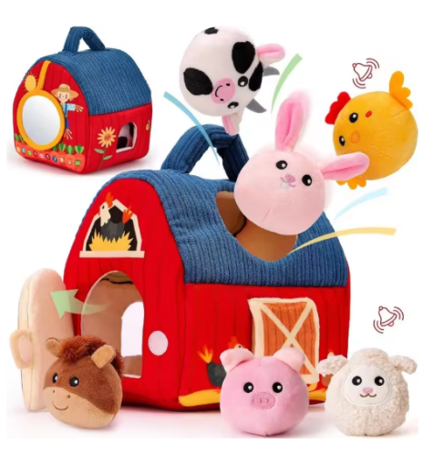 صورة صندوق ألعاب الحظيرة المحمول على شكل دمية صغيرة للمزرعة مع حيوانات ناعمة مملوءة من مونتيسوري للأطفال الصغار هدية عيد ميلاد