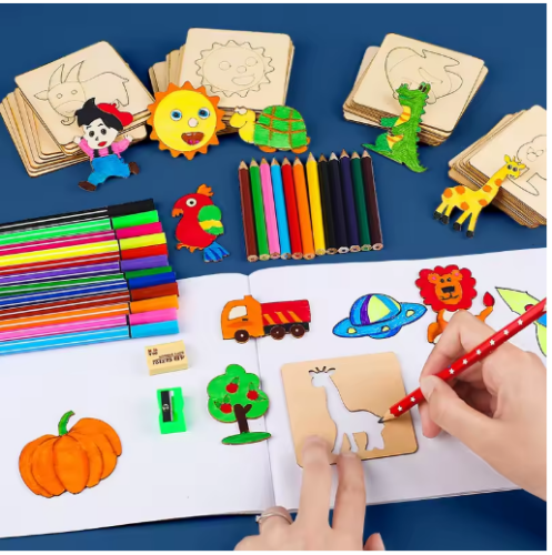 صورة 20 قطعة أطفال مونتيسوري رسم ألعاب خشبية دهان داي الإستنسل مجموعة لعبة الحرفية تلوين لغز ألعاب تعليمية للأطفال هدية