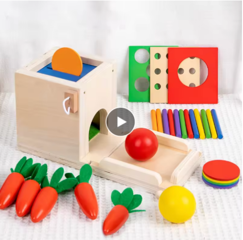 صورة 4 في 1 مجموعة اللعب كائن مونتيسوري صندوق الدوام عملة الجزرة الحصاد لعبة شكل خشبي فارز تعلم ألعاب تعليمية للأطفال
