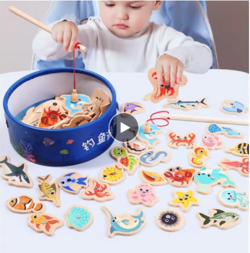 صورة ألعاب صيد خشبية من مونتيسوري للأطفال، ألعاب تعليمية تفاعلية للحياة البحرية، لعبة تعليمية تفاعلية بين الوالدين والطفل