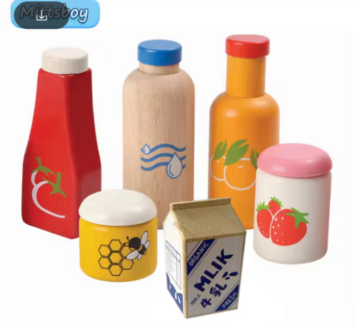 صورة طفل مطبخ لعب خشبيّ ثلاثية الأبعاد لعبة لعب منزل زجاجة صلصة عسل نابض بالحياة الفراولة خشب متين لعبة محاكاة لعبة تعليمية هدية