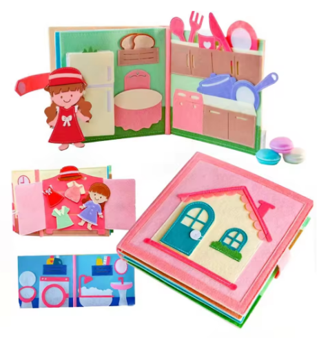 صورة كتاب اللباد الهادئ لوحة مونتيسوري الحسية المزدحمة للنشاط المبكر كتاب تعليمي بيت الدمية الصغيرة كتب اللباد اليدوية للسفر