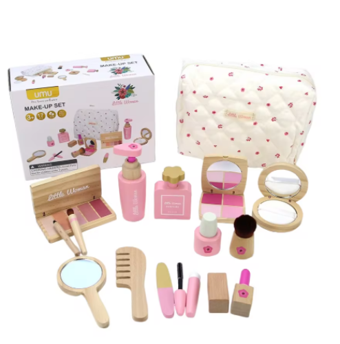 صورة ألعاب مكياج خشبية للتظاهر، مجموعة مستحضرات تجميل محاكاة للفتيات، محاكاة تصفيف الشعر، ألعاب مكياج لمرحلة ما قبل المدرسة