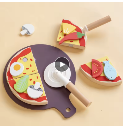 صورة لعبة بيتزا محاكاة خشبية للأطفال، مطبخ بيت لعب الأطفال، هدية للأولاد والبنات، قطع البيتزا، هدية عيد ميلاد، هدية العيد