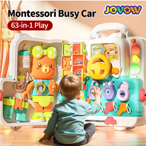 صورة Jovow Busy Board ألعاب مونتيسوري الحسية للأطفال الصغار، منزل ألغاز مكرر، موسيقى خفيفة، أنشطة السفر، لعبة التعليم المبكر