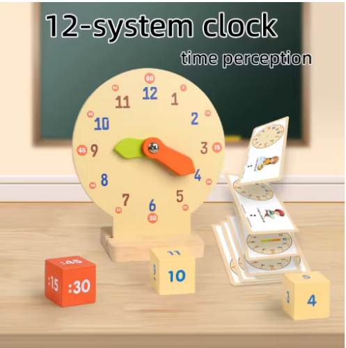 صورة نموذج ساعة خشبية للمساعدة التعليمية ساعة التعلم دقيقة الإدراك الثاني لعبة رياض الأطفال لوقت التفاعل في اللعبة
