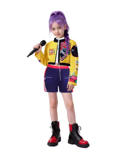 صورة Kpop رومي زوي ميرا حفلة بنات شيطان زي الصيادين تأثيري الزي سترة أعلى السراويل الاطفال أزياء الهالوين المغني تأثيري