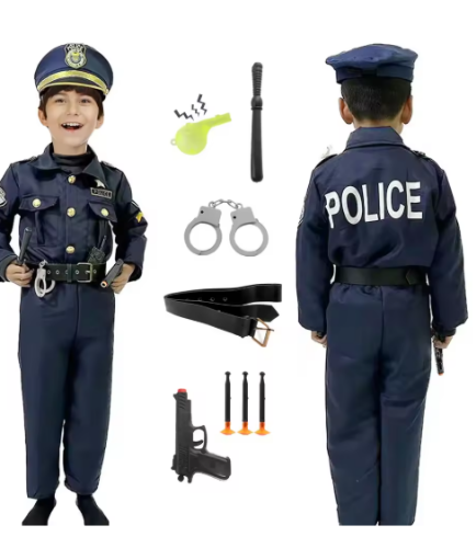 صورة زي ضابط الشرطة للأطفال الأولاد والبنات زي الشرطي الموحد للعب الأدوار مع ملحقات الألعاب، فستان تنكري للأطفال