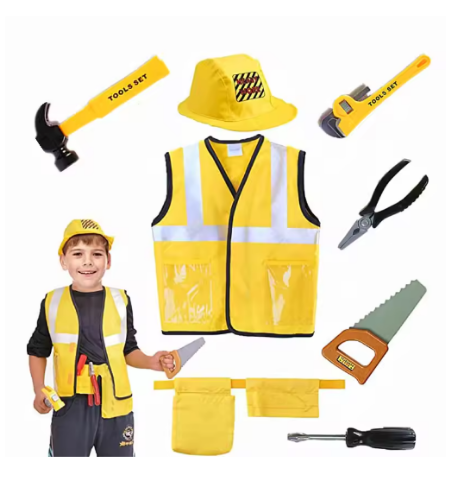 صورة زي سترة عامل البناء للأطفال الصغار، مجموعة لعب مكونة من 5 قطع، سترة عاكسة صفراء مع أدوات، فستان الحفلات