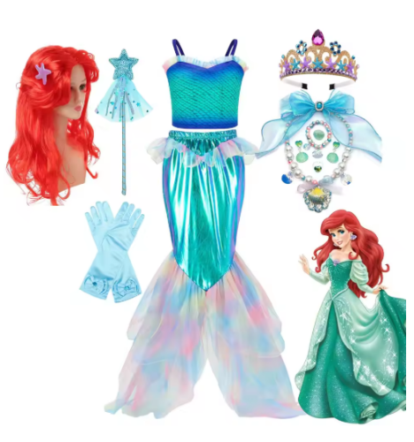 صورة زي حورية البحر الصغيرة لفيلم ديزني، فكرة عيد ميلاد، فستان حفلة الأميرة أرييل مكون من قطعتين، فستان ملابس مهرجان بوريم