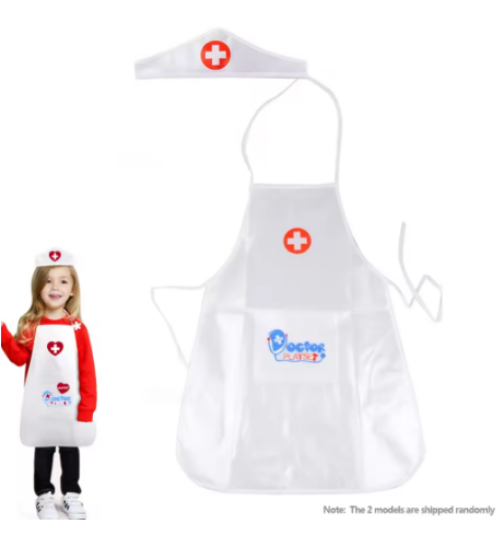 صورة زي تنكري للطبيب والممرضات وقبعة للأطفال، مريلة بيضاء، لعبة التظاهر، أزياء عائلية لرياض الأطفال، ألعاب تعليمية