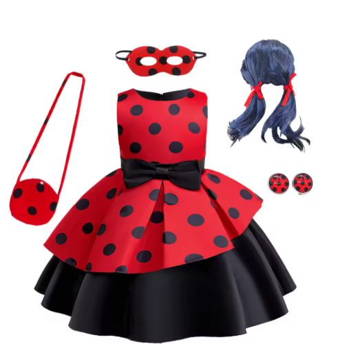 صورة الفتيات Ladysbug تأثيري فستان الأميرة الطفل الأحمر البولكا نقطة طباعة القوس الفساتين الاطفال عيد ميلاد كرنفال عيد الميلاد حفلة تنكرية
