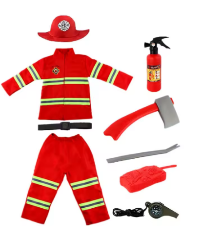 صورة مع لعبة مكافحة الحرائق الواقعية، زي رجل الإطفاء الأحمر للأطفال بسحاب، زي لعب للأطفال في المنزل الممتع للحفلات