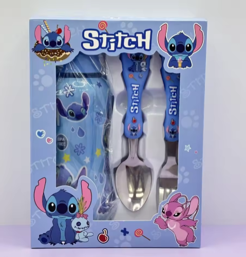 صورة 3pcs/set Disney Anime Stitch Water Bottle Set Cartoon Cute Children's Spoon Fork Water cup Kids outdoors Portable Tableware Gift