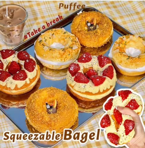 صورة لعبة إسفنجية من السيليكون للطعام من بيجل، لعبة لاصقة كريمية ناعمة، طابا اسفنجي، خبز معسر سعيد، فراولة، كرانش، مقرمش